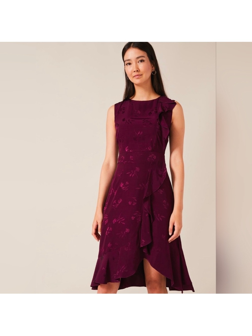 Phase Eight Womens Reese Floral Jacquard Frill Dress Burgundy Elegant Size 10